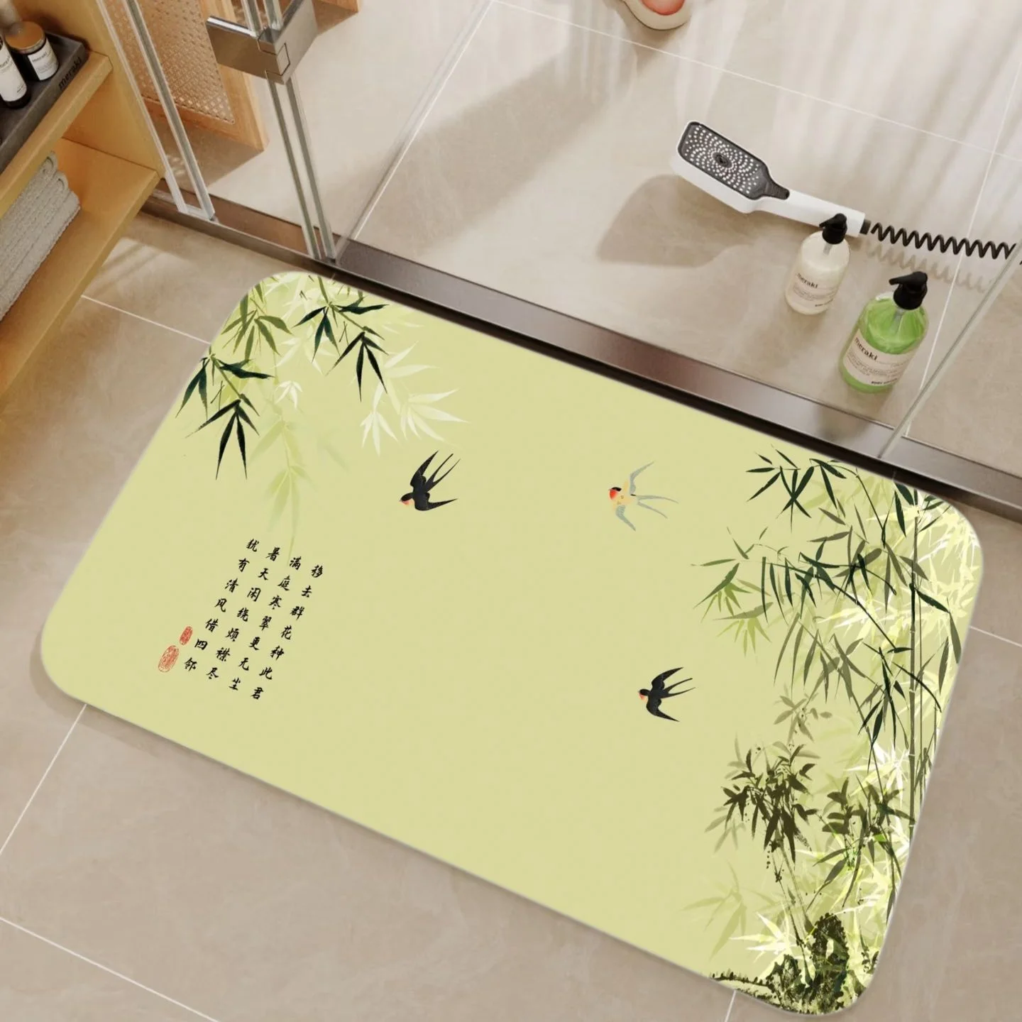 Bamboo Bath Mat - VIKAMA 竹と中国書道をモチーフにした珪藻土製シャワーマット。洗濯機で洗える、滑り止め加工済み。バスルームの入り口やキッチンの装飾に。